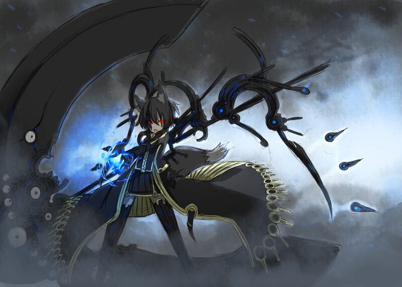 Anime Character with Mechanical Wings — Black, Dramatic, Digital Art
