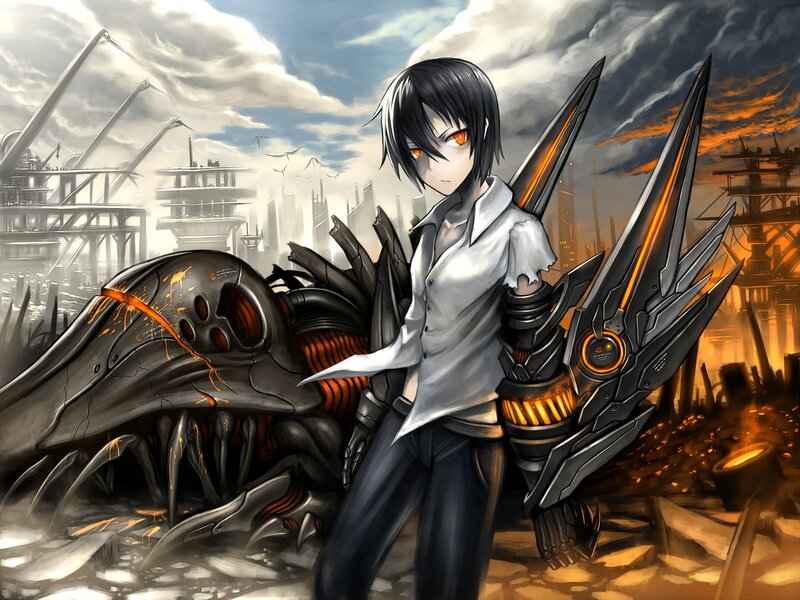 Anime Character with Mechanical Wings — Gray