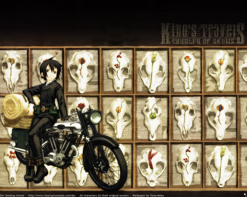 Anime character with motorcycle and skulls