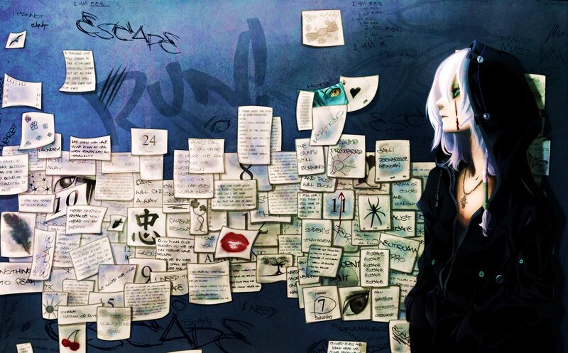Anime character with notes on wall