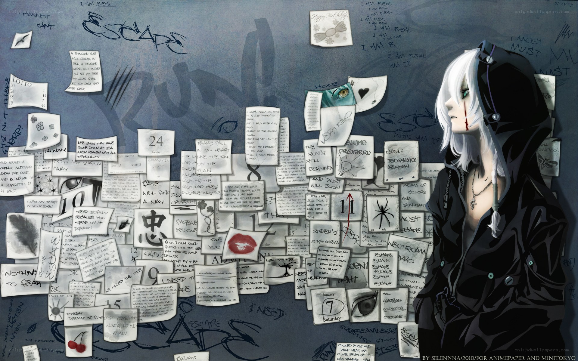 Anime character with notes wall