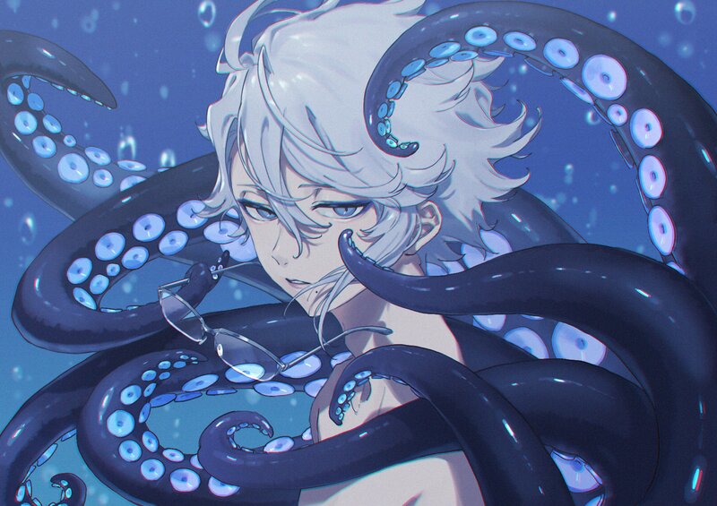 Anime Character with Octopus — Blue, Dramatic
