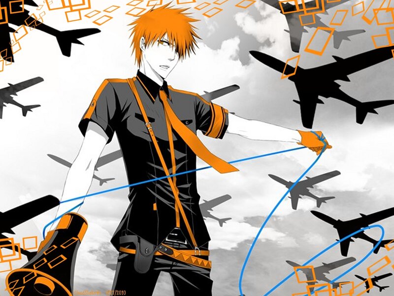 Anime Character with Orange Hair — Black, Dramatic, Airplanes