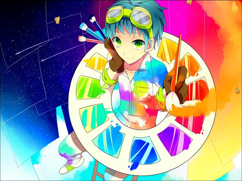 Anime Character with Paintbrushes — Blue