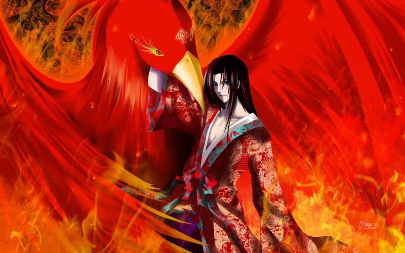 Anime Character with Phoenix — Red, Dramatic, Digital Art