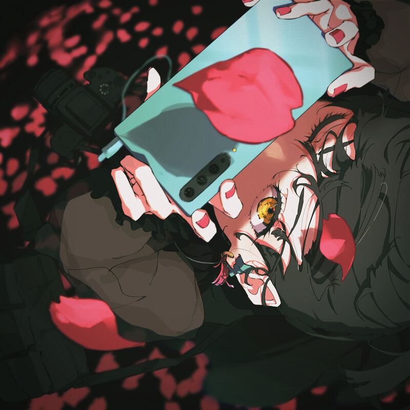Anime Character with Phone — Black, Dramatic, Digital Art