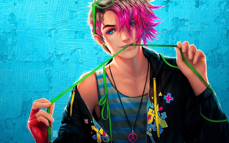 Anime Character with Pink Hair — Blue, Confident