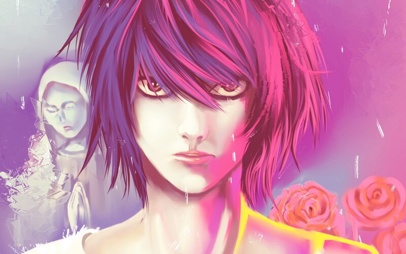 Anime Character with Pink Hair — Dramatic, Digital Art, Roses