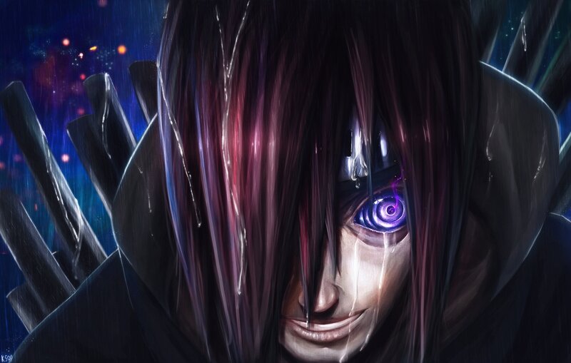 Anime Character with Purple Eye — Black, Dramatic, Night, Digital Art