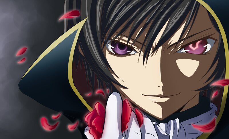 Anime Character with Purple Eyes — Black, Dramatic, Rose Petals