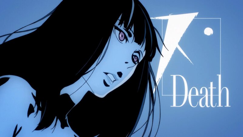 Anime Character with Purple Eyes — Blue, Dramatic, Night, Text