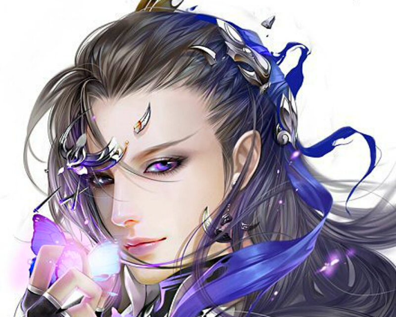Anime Character with Purple Eyes — Dramatic, Digital Art, Butterfly