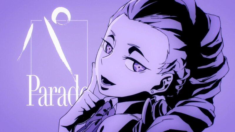 Anime Character with Purple Eyes — Dramatic, Text, Logo