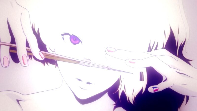 Anime Character with Purple Eyes — White, Dramatic