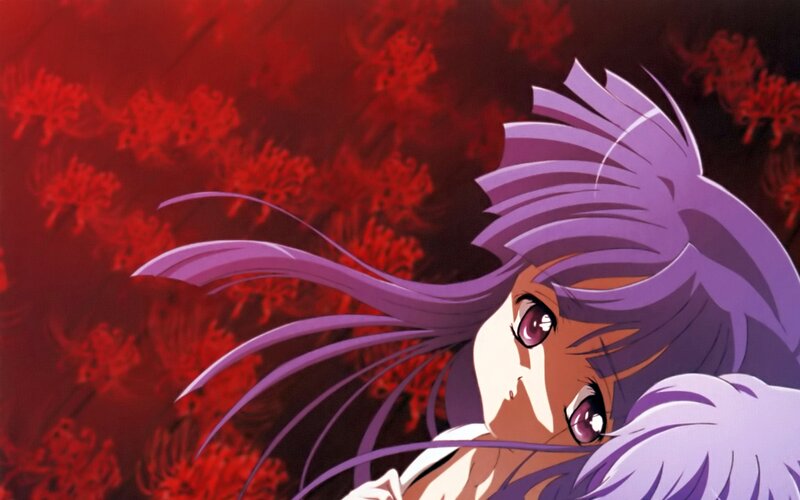 anime character with purple hair