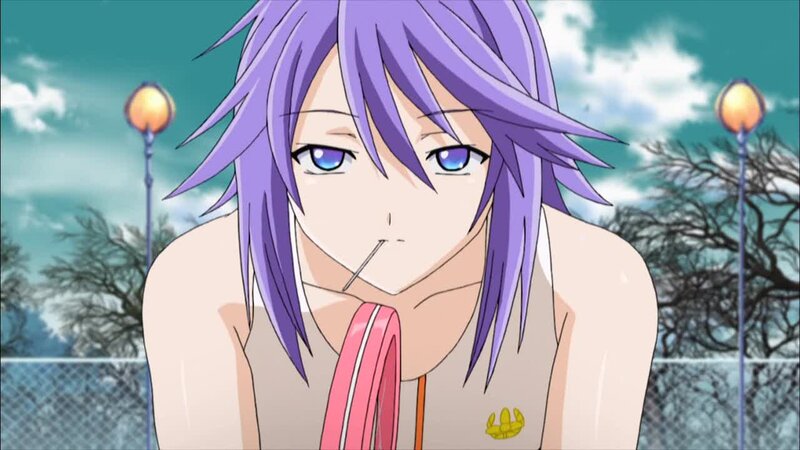 anime character with purple hair