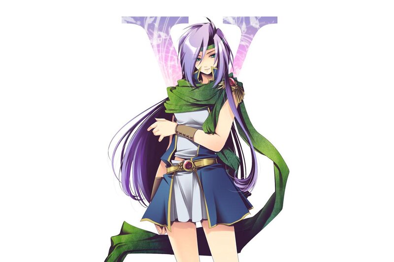 Anime Character with Purple Hair — Calm, Green Scarf
