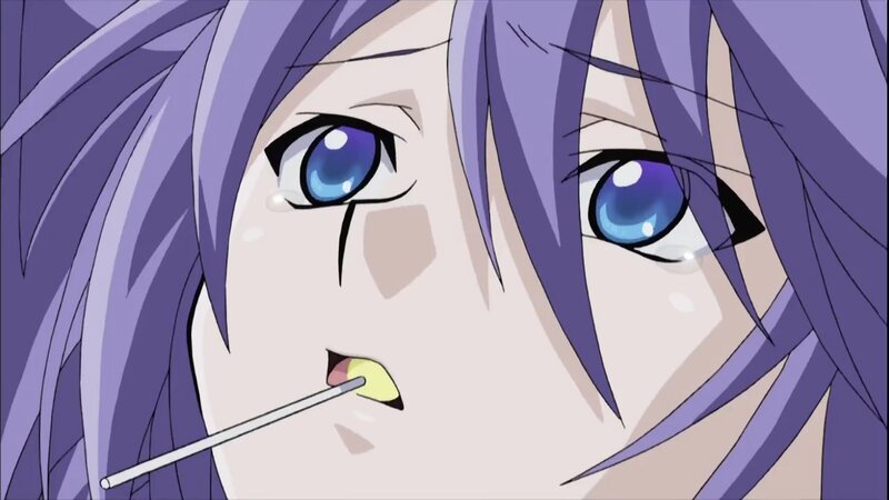 Anime Character with Purple Hair — Dramatic, Blue Eyes, Lollipop