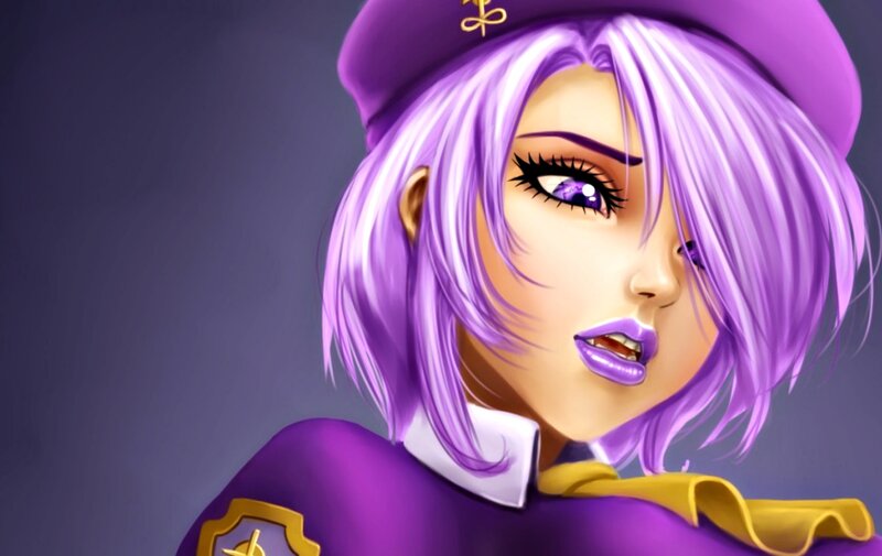 Anime Character with Purple Hair — Dramatic, Digital Art, Hat