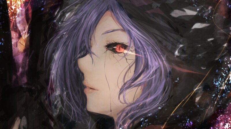 Anime Character with Purple Hair — Dramatic, Digital Art, Red Eye