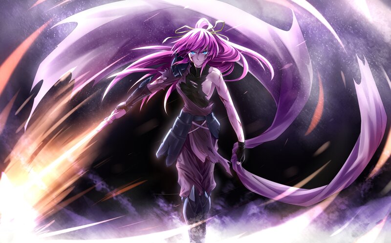 Anime Character with Purple Hair — Dramatic, Digital Art, Sword, Energy Blast