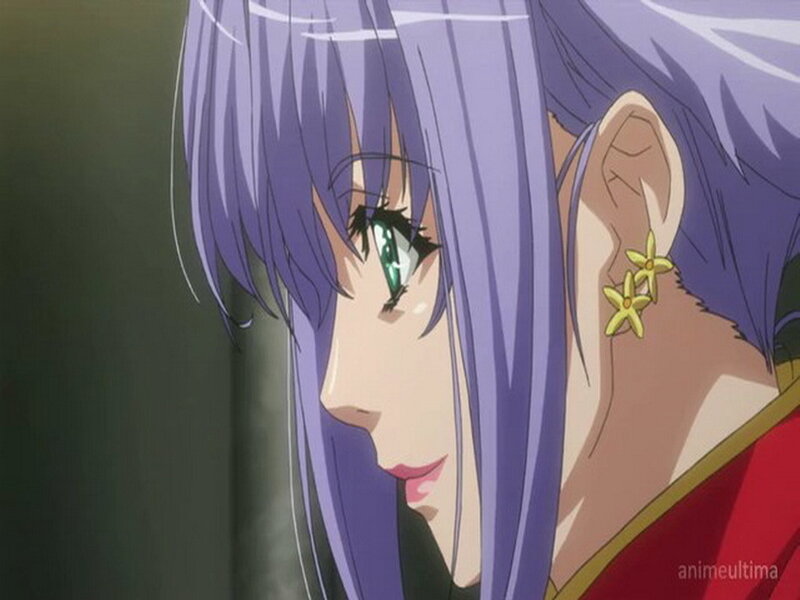 Anime Character with Purple Hair — Dramatic, Green Eyes, Earrings