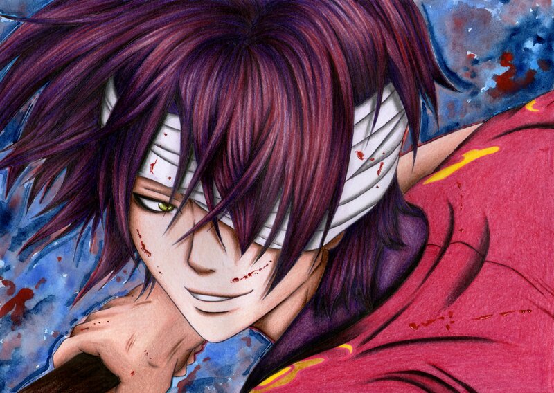 Anime Character with Purple Hair — Dramatic, Manga, Bandages