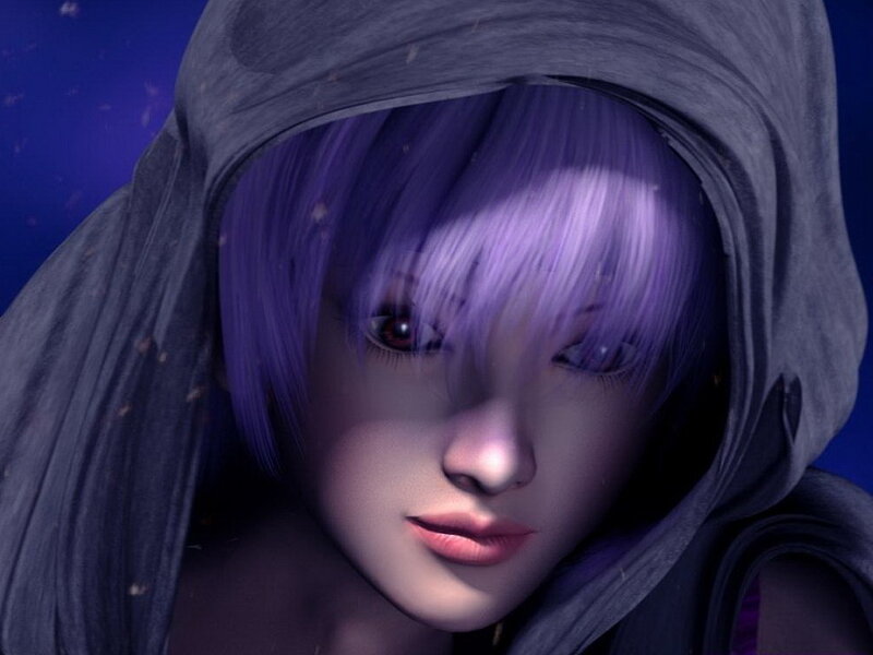 Anime Character with Purple Hair — Dramatic, Night, 3d Render