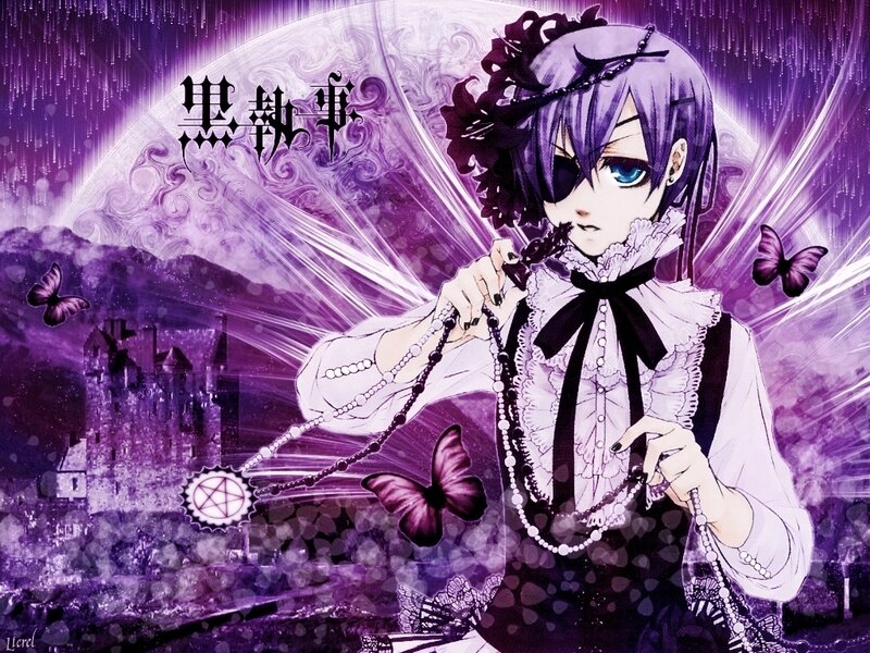 Anime Character with Purple Hair — Dramatic, Night, Butterflies