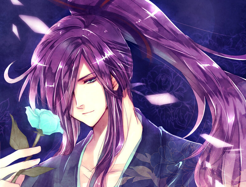 Anime Character with Purple Hair — Dramatic, Night, Flower