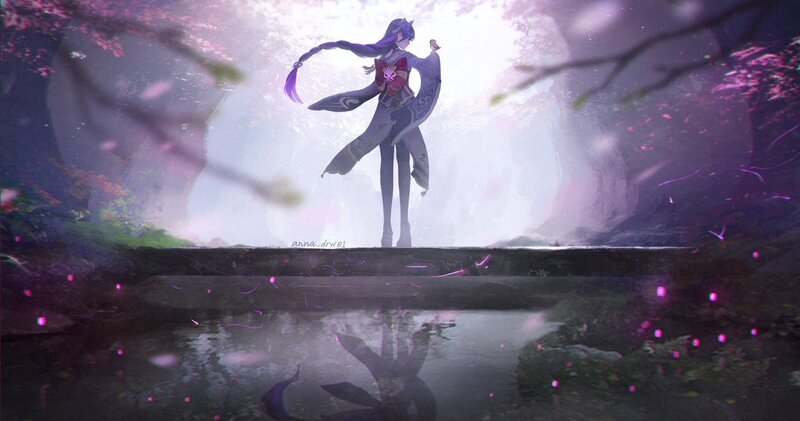 Anime Character with Purple Hair — Serene, Spring, Digital Art, Bird