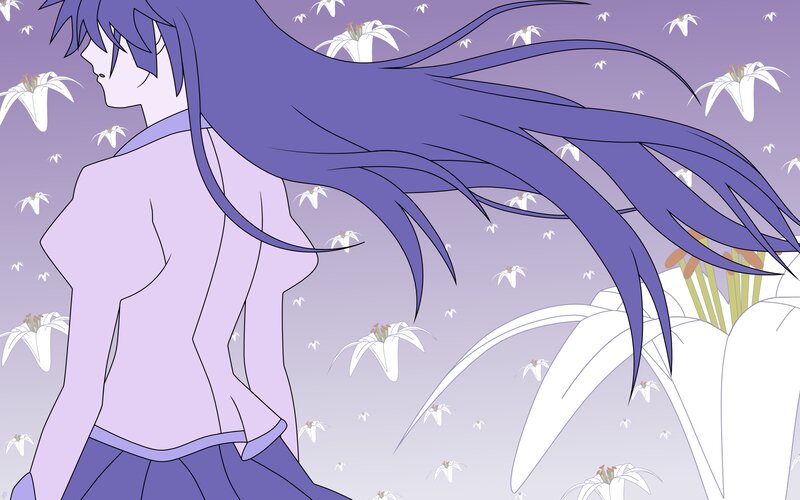 Anime Character with Purple Hair — Serene, White Lilies