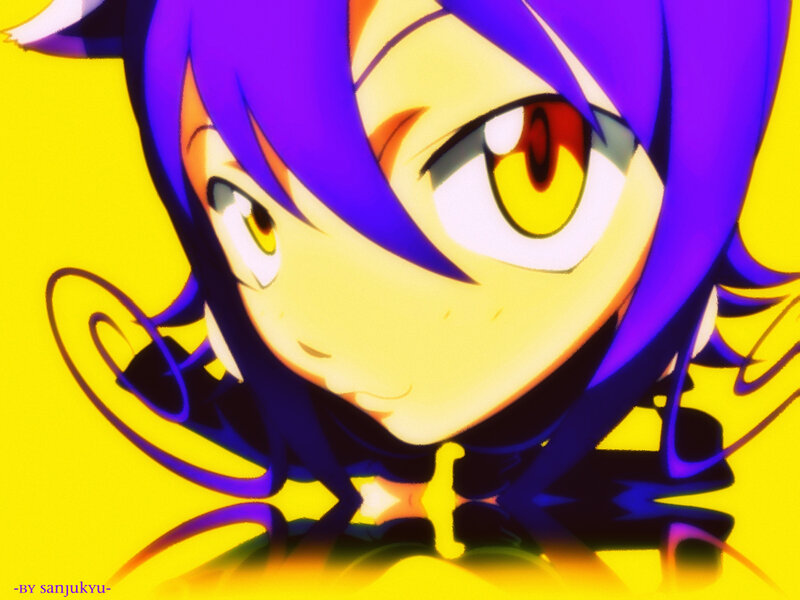 Anime Character with Purple Hair — Yellow, Dramatic, Yellow Background