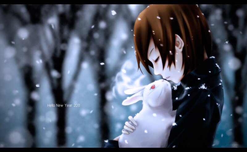 Anime character with rabbit in snow