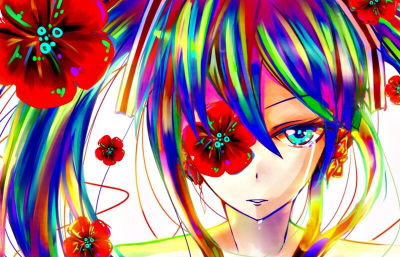 Anime Character with Rainbow Hair — Red, Dramatic