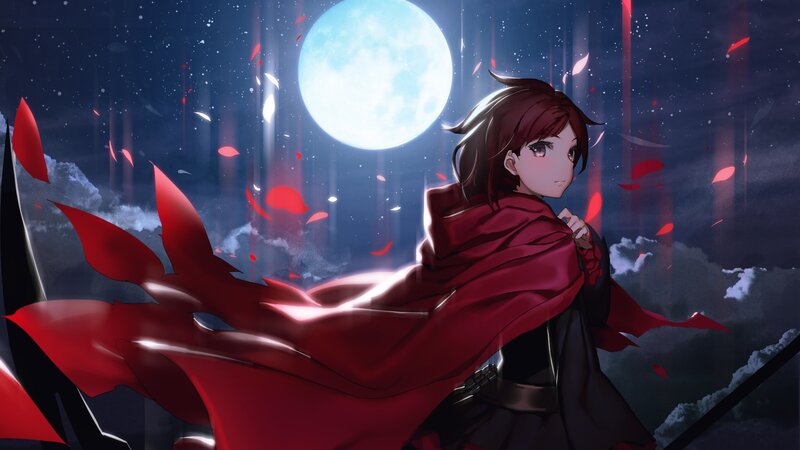 Anime Character with Red Cloak — Dramatic, Night, Moon