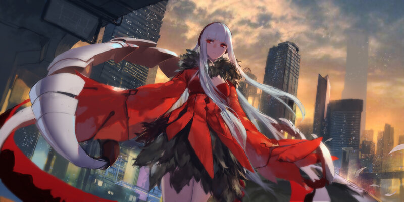 Anime Character with Red Coat — Dramatic, Sunset