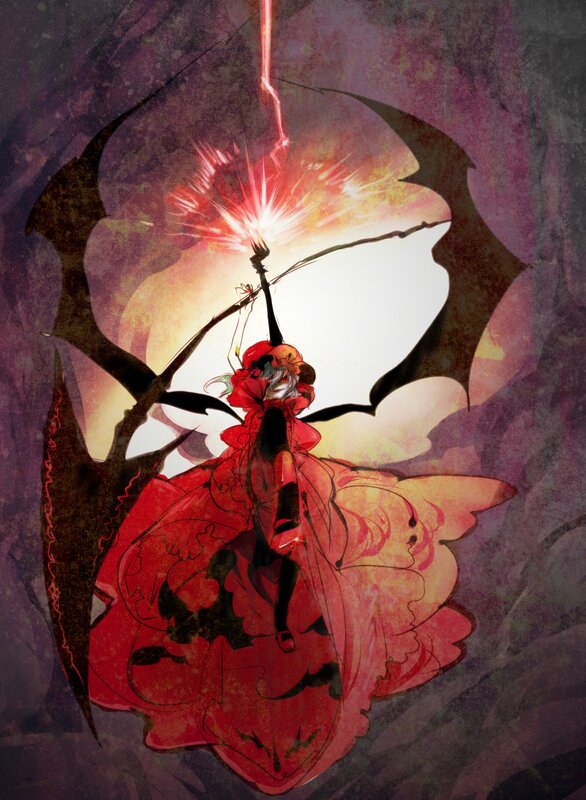 Anime character with red dress and wings