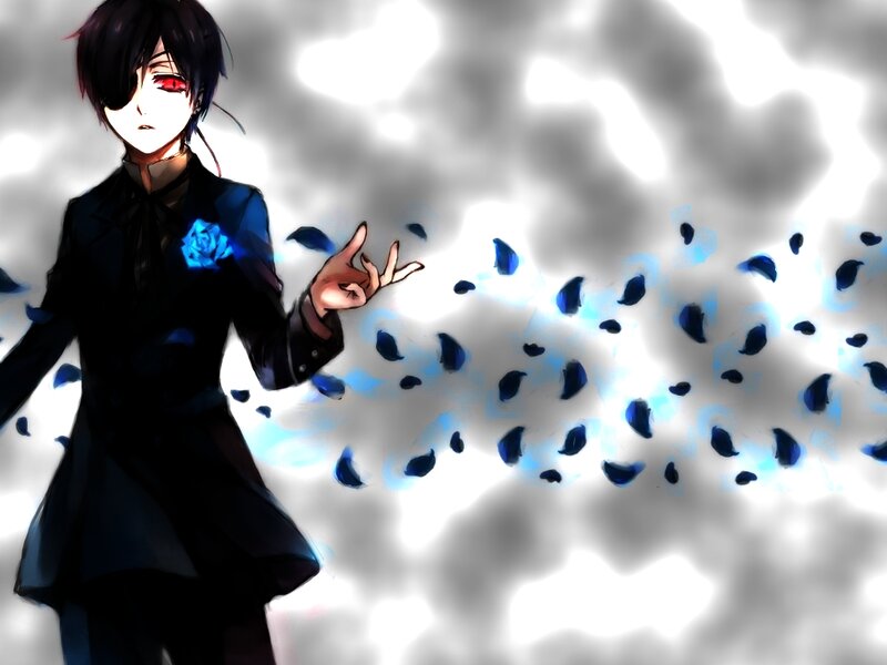 Anime Character with Red Eye — Black, Dramatic, Blue Rose