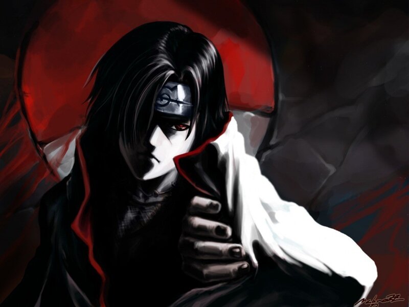 Anime Character with Red Eye — Black, Dramatic, Digital Art, Red Moon