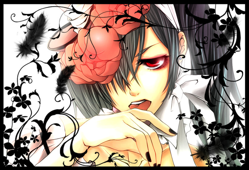 Anime Character with Red Eye — Black, Dramatic, Manga, Red Flower