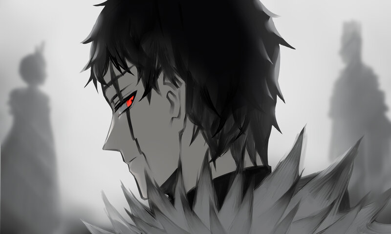Anime Character with Red Eye — Black, Dramatic, Manga, Shadow Figures