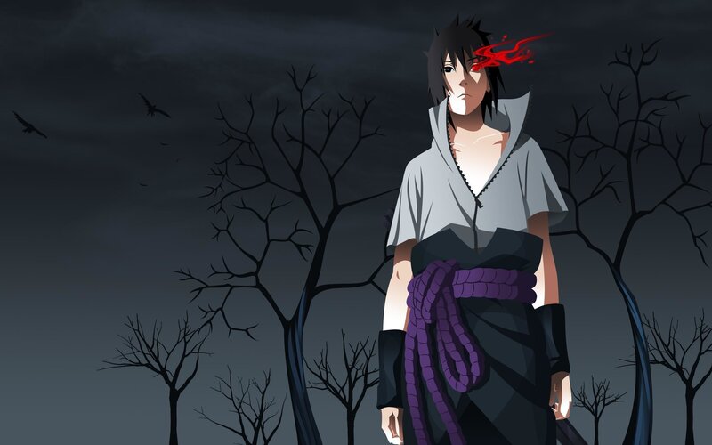 Anime Character with Red Eye — Black, Dramatic, Night, Bare Trees, Crows