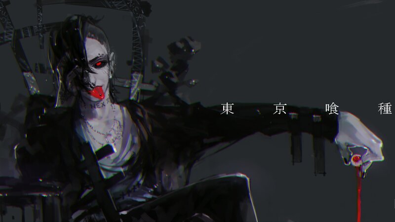 Anime Character with Red Eyes — Black, Dark, Night, Digital Art, Blood