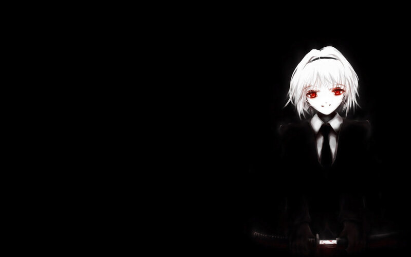 Anime Character with Red Eyes — Black, Dark, Night, Digital Art, White Hair