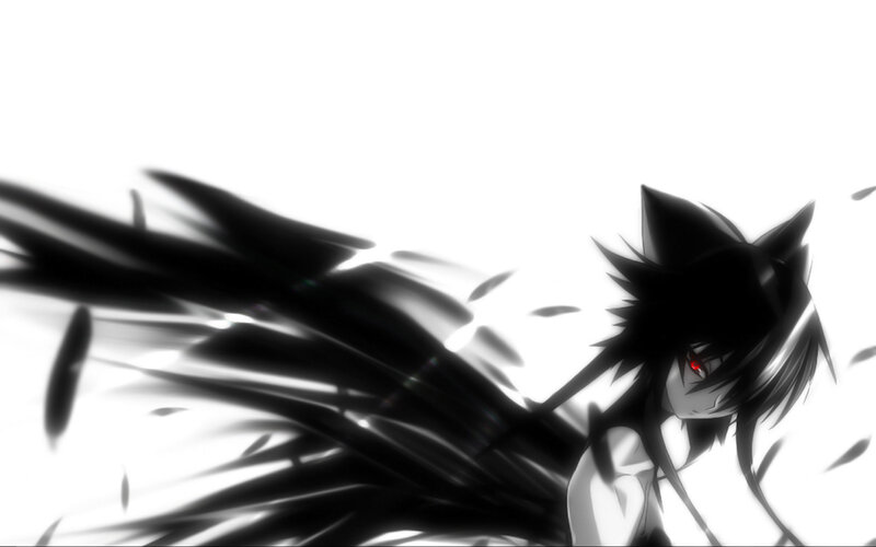 Anime Character with Red Eyes — Black, Dramatic, Cat Ears, Black Hair, Wings