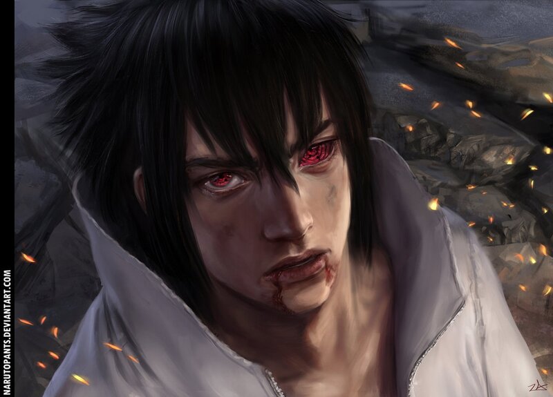Anime Character with Red Eyes — Black, Dramatic, Digital Art, Blood, Fire