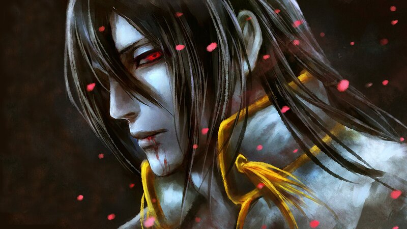 Anime Character with Red Eyes — Black, Dramatic, Digital Art, Blood, Hair