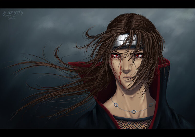 Anime Character with Red Eyes — Black, Dramatic, Digital Art, Blood, Headband