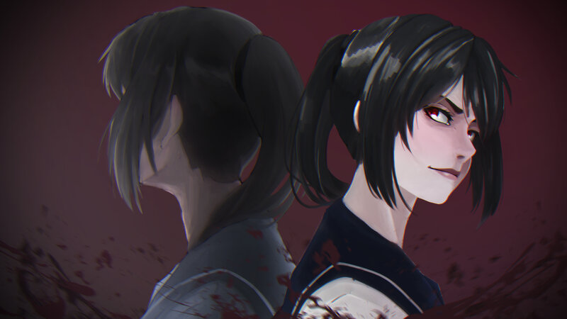 Anime Character with Red Eyes — Black, Dramatic, Digital Art, Blood Splatters